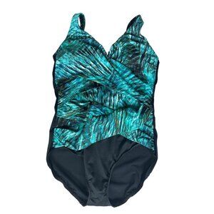 Trimshaper Women’s Size 16W Blue Black One Piece Swimsuit Wireless Nylon Blend